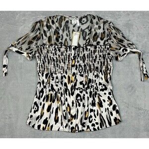 Alberto Makali Women’s Size 4 Animal Print Sheer Top Tie Sleeves Smocked Blouse
